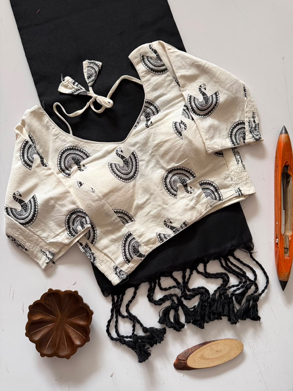 Artisanal Black Handloom Saree with Stiched Blouse