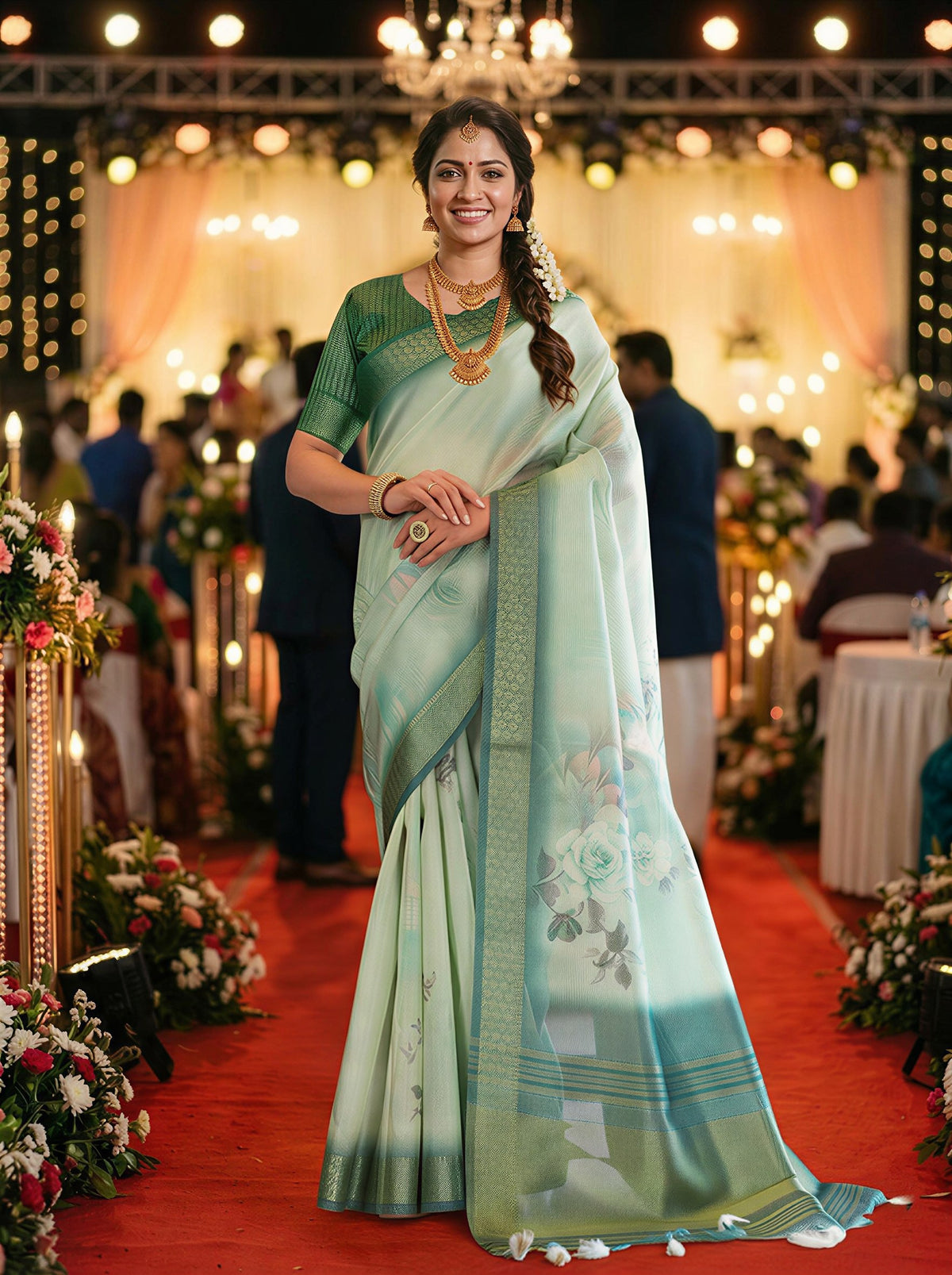 Festive Sea Green Soft Tissue Silk Saree with Floral Digital Prints