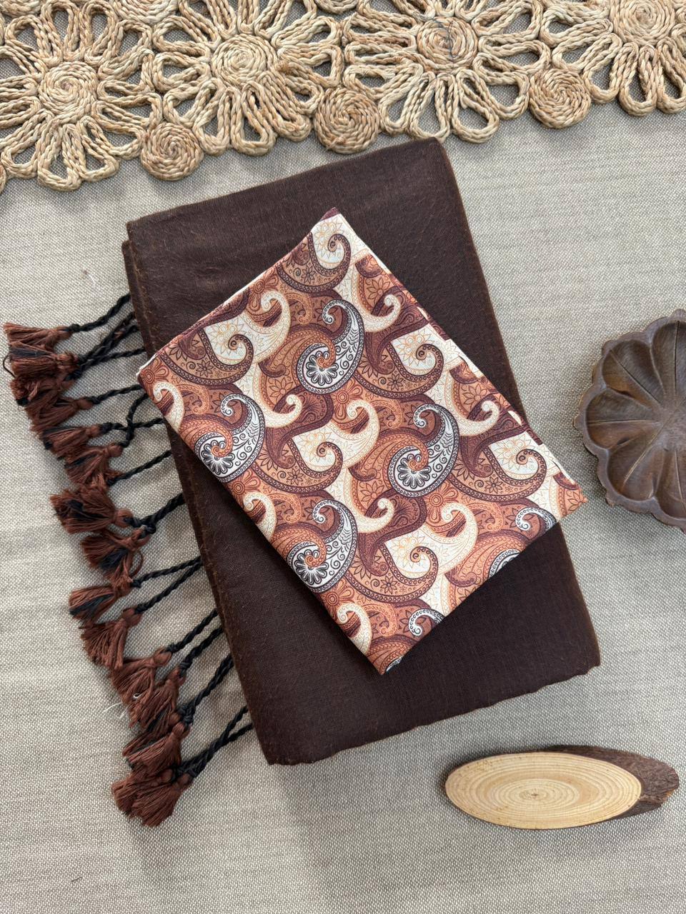 Dharma Exclusive - Brown Handloom Cotton Saree With Printed Blouse