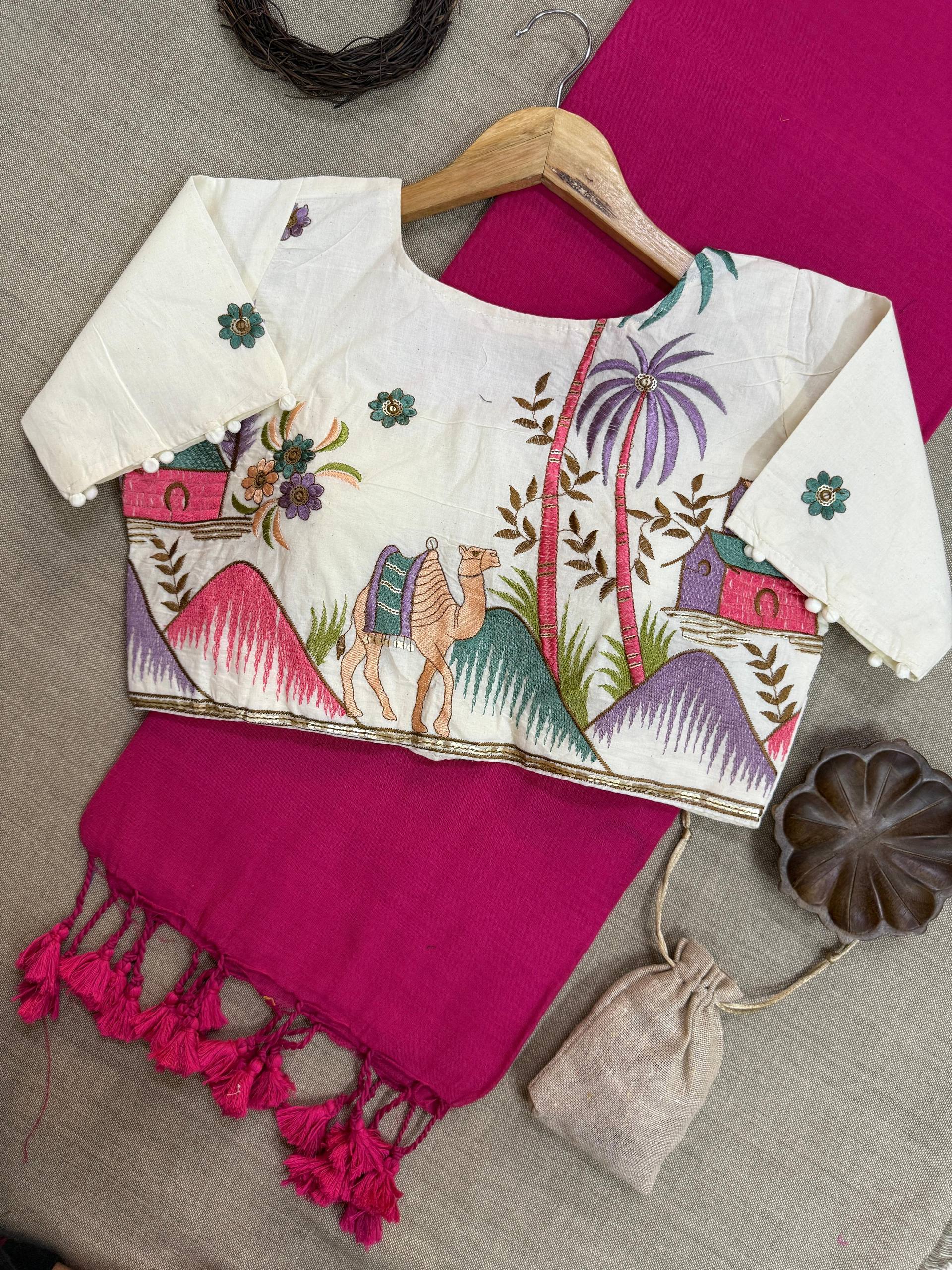 Pink Pure Handloom Cotton Saree With Stitched Embroidery Blouse