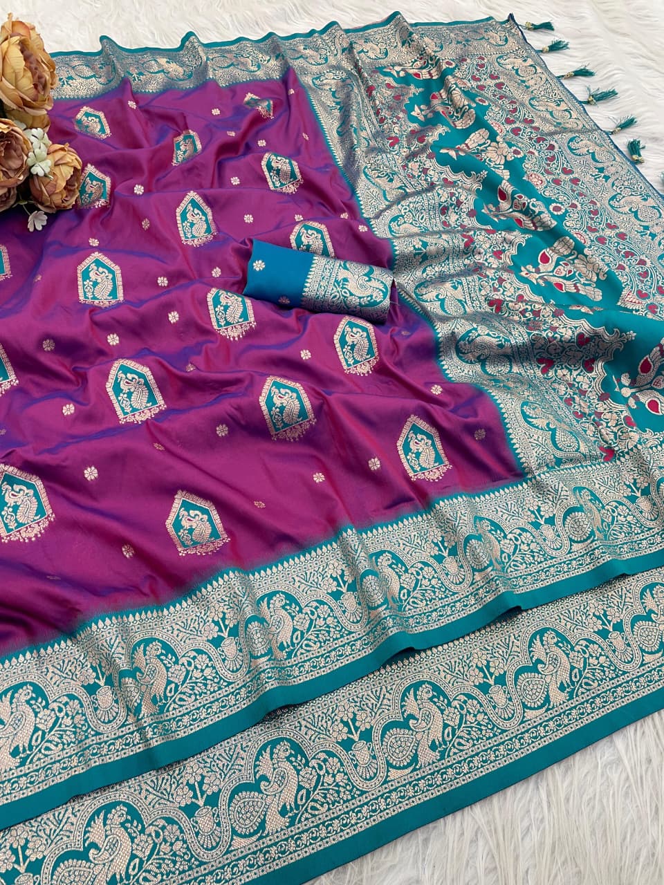 Royal Rani Purple Silk Saree with Peacock Blue Zari Border