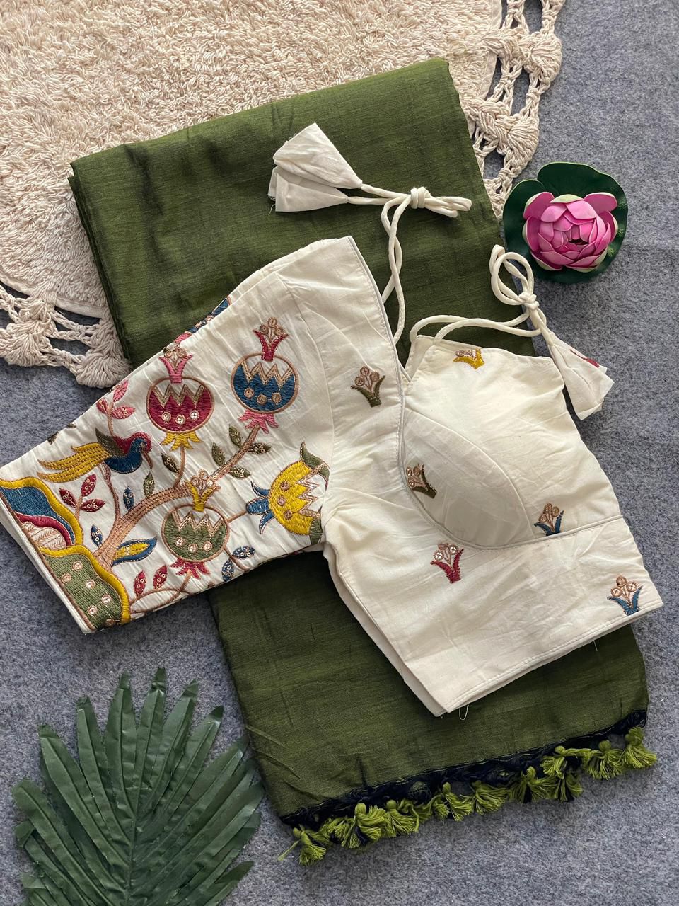 Dharma Exclusive - Green Handloom Cotton Saree With Havy Embroidery Stitched Blouse