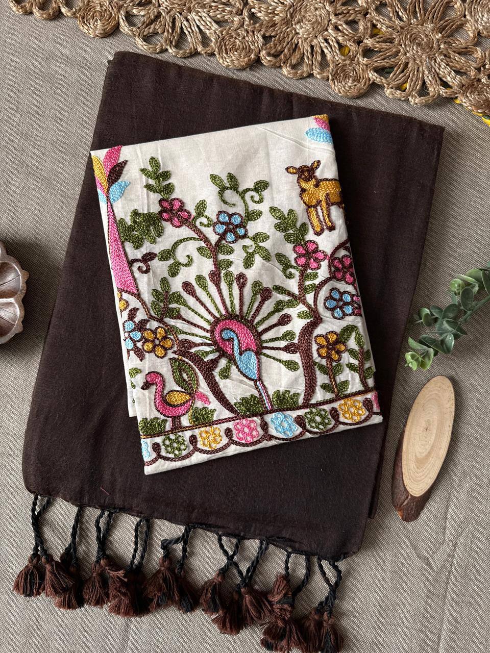 Brown Handloom Cotton Saree With Havy Embroidery Blouse