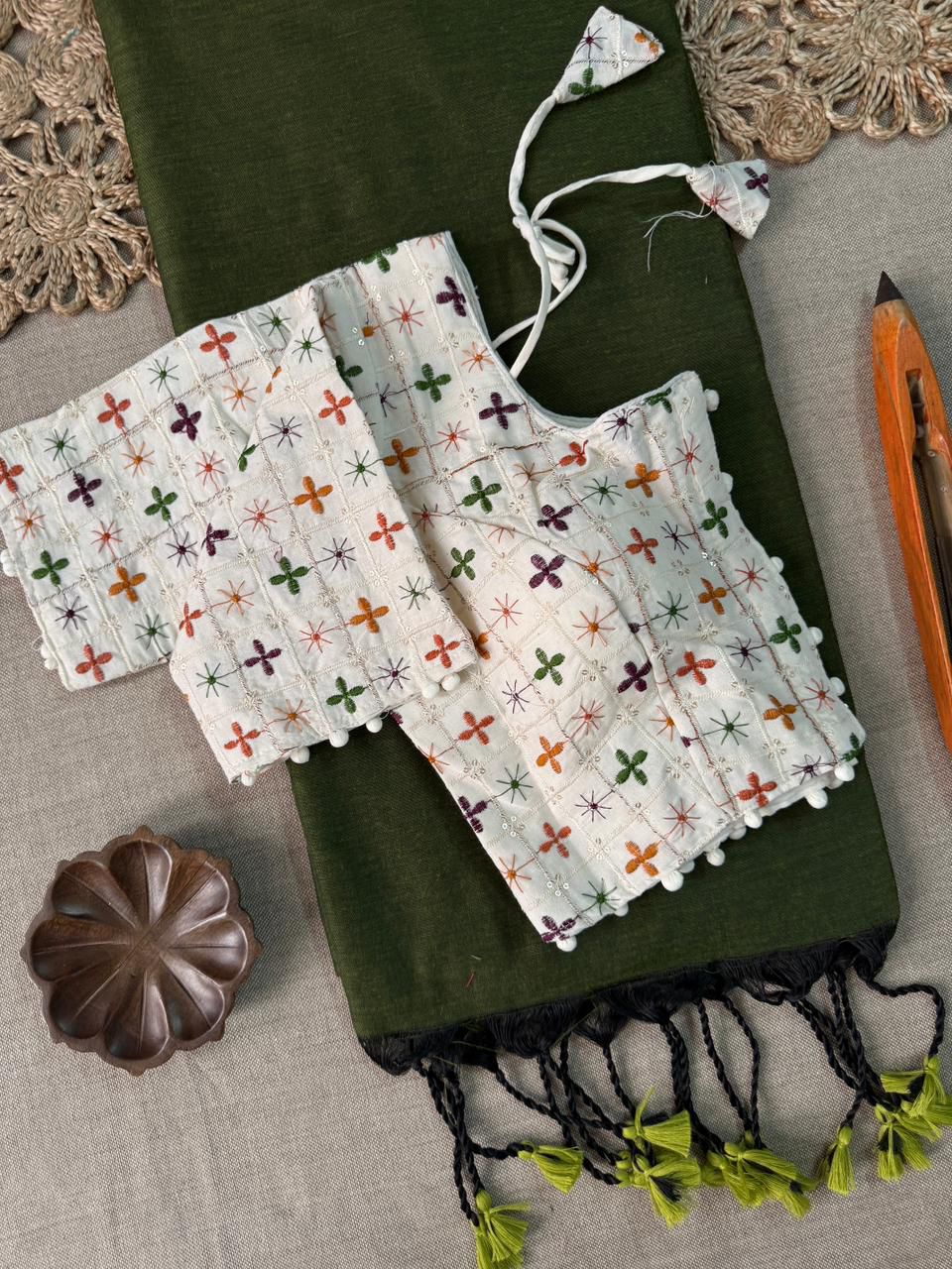 Dharma Exclusive - Green Handloom Cotton Saree With Havy Embroidery Stitched Blouse