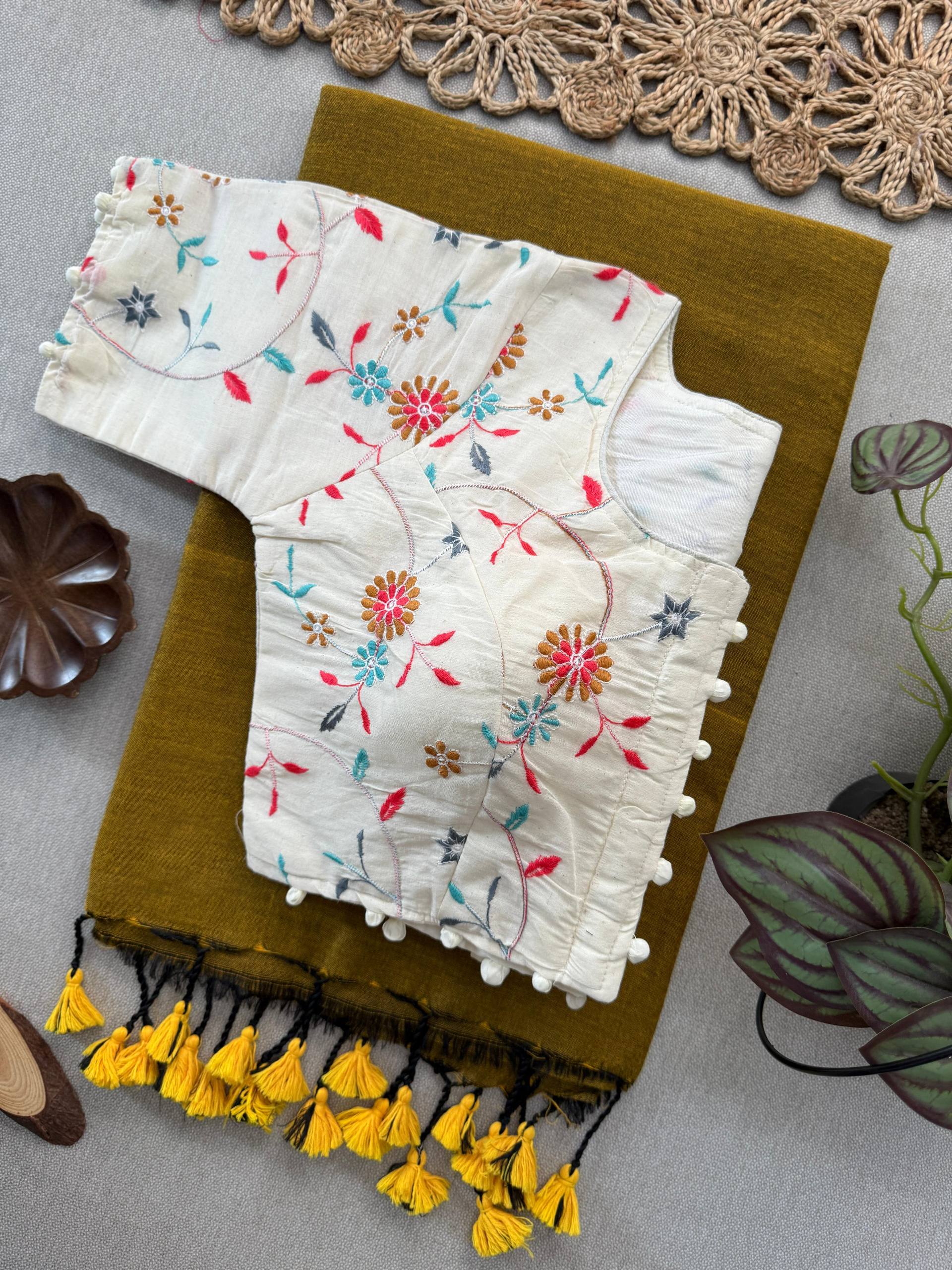 Beautiful - Mustered Handloom Cotton Saree With Havy Embroidery Stitched Blouse