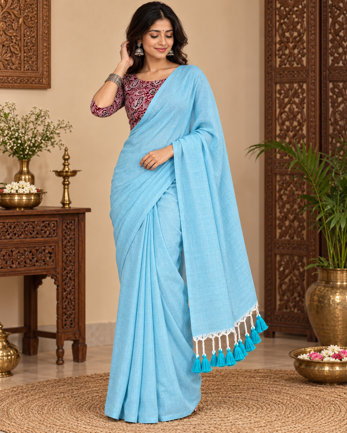 Designer Khadi Cotton Handloom Saree With Stiched Blouse
