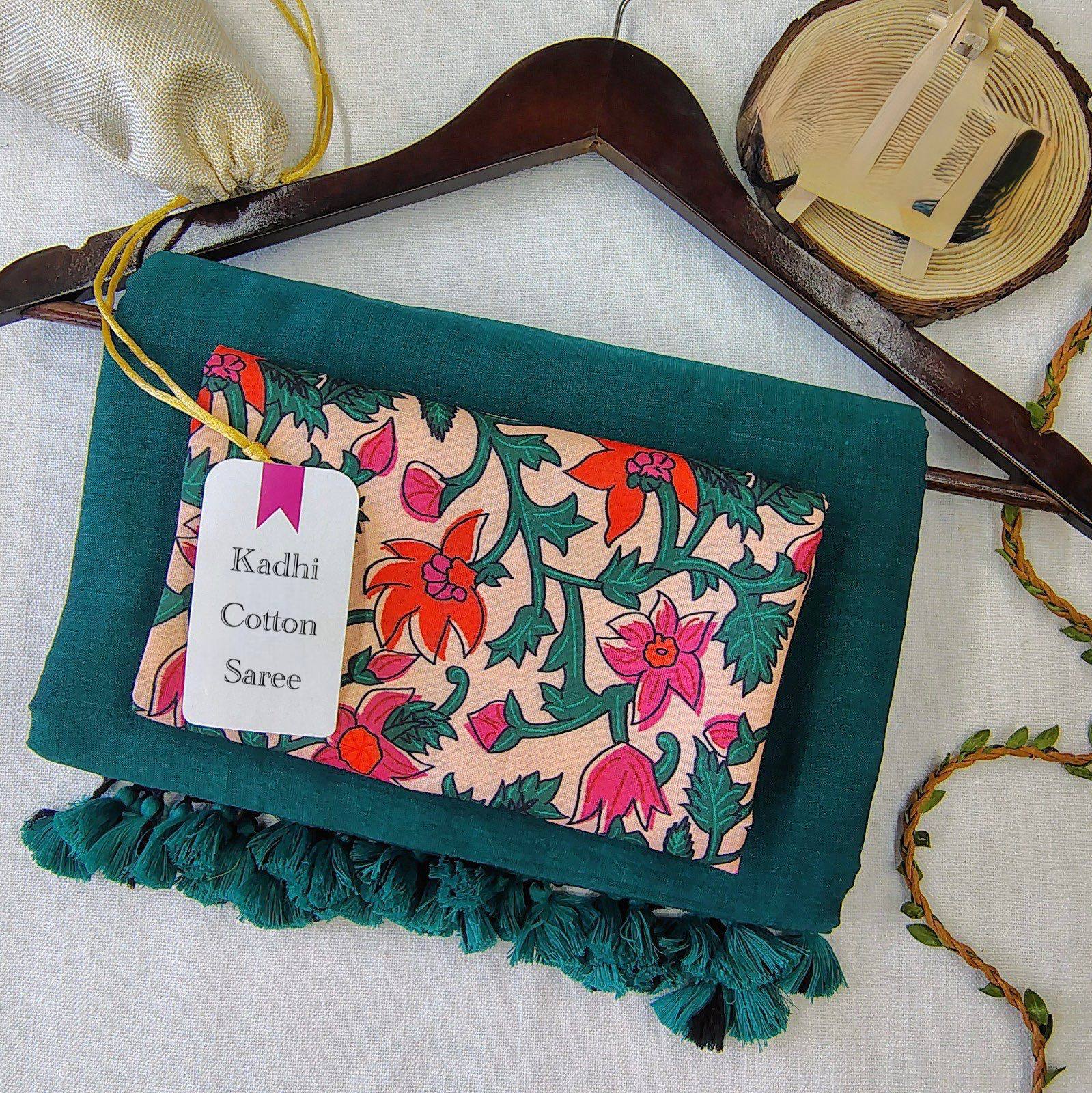 Dharma Exclusive - Rama Handloom Cotton Saree With Traditional Printed Blouse