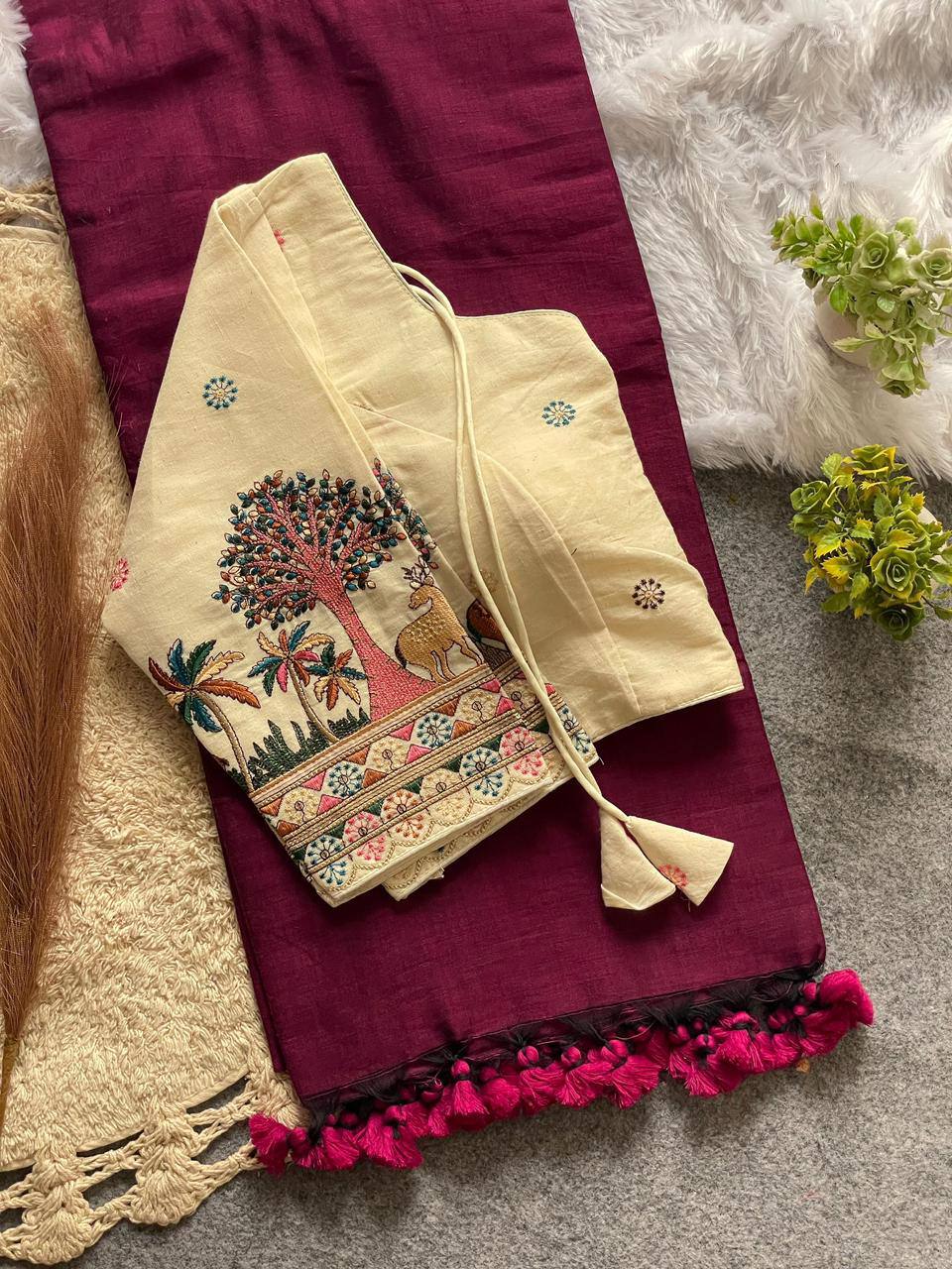 Maroon Handloom Cotton Saree With Havy Embroidery Stitched Blouse