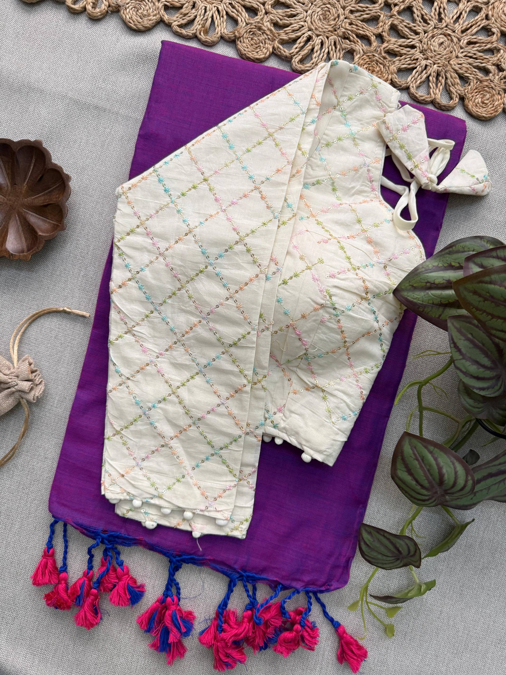 Attractive - Lavender Handloom Cotton Saree With Havy Embroidery Work Stitched Blouse