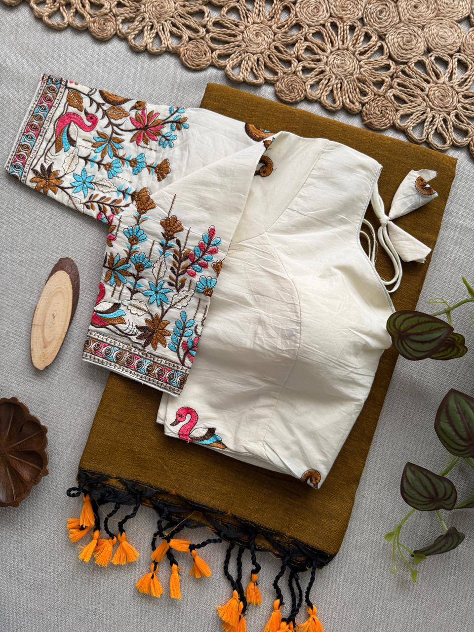 Dharma- Mustered Handloom Cotton Saree With Havy Embroidery Work Stitched Blouse