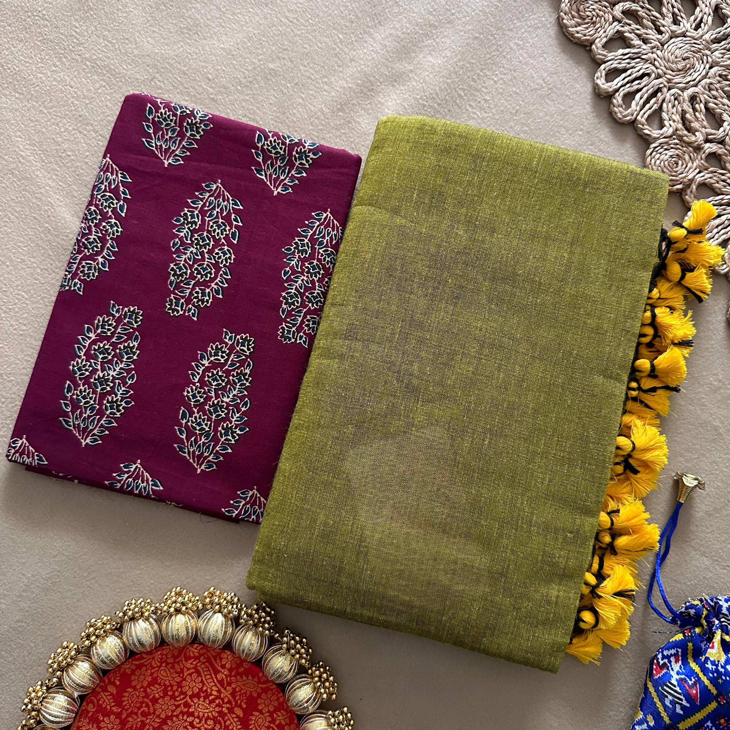 Dharma Exclusive - Mahendi Handloom Cotton Saree With Traditional Printed Blouse
