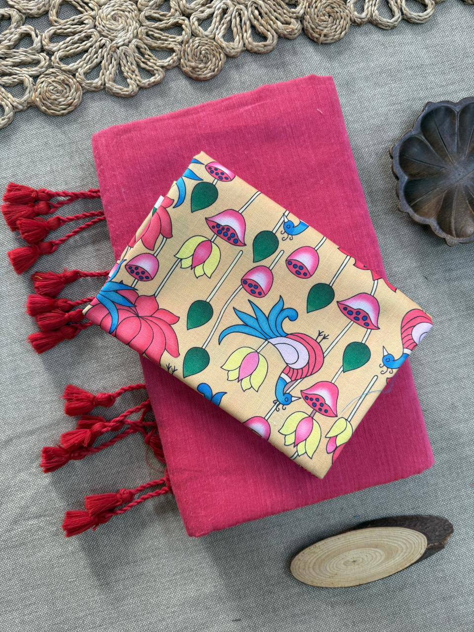 Dharma Exclusive - Baby Pink Handloom Cotton Saree With Printed Blouse