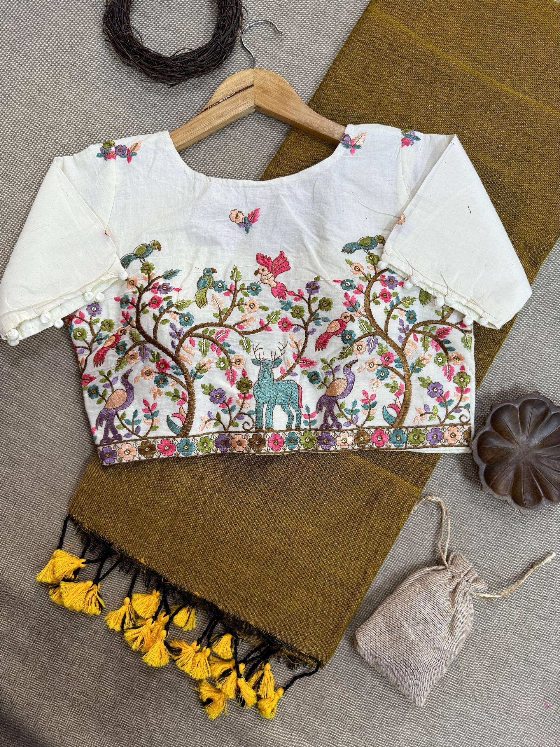 Musterd Pure Handloom Cotton Saree With Stitched Embroidery Blouse