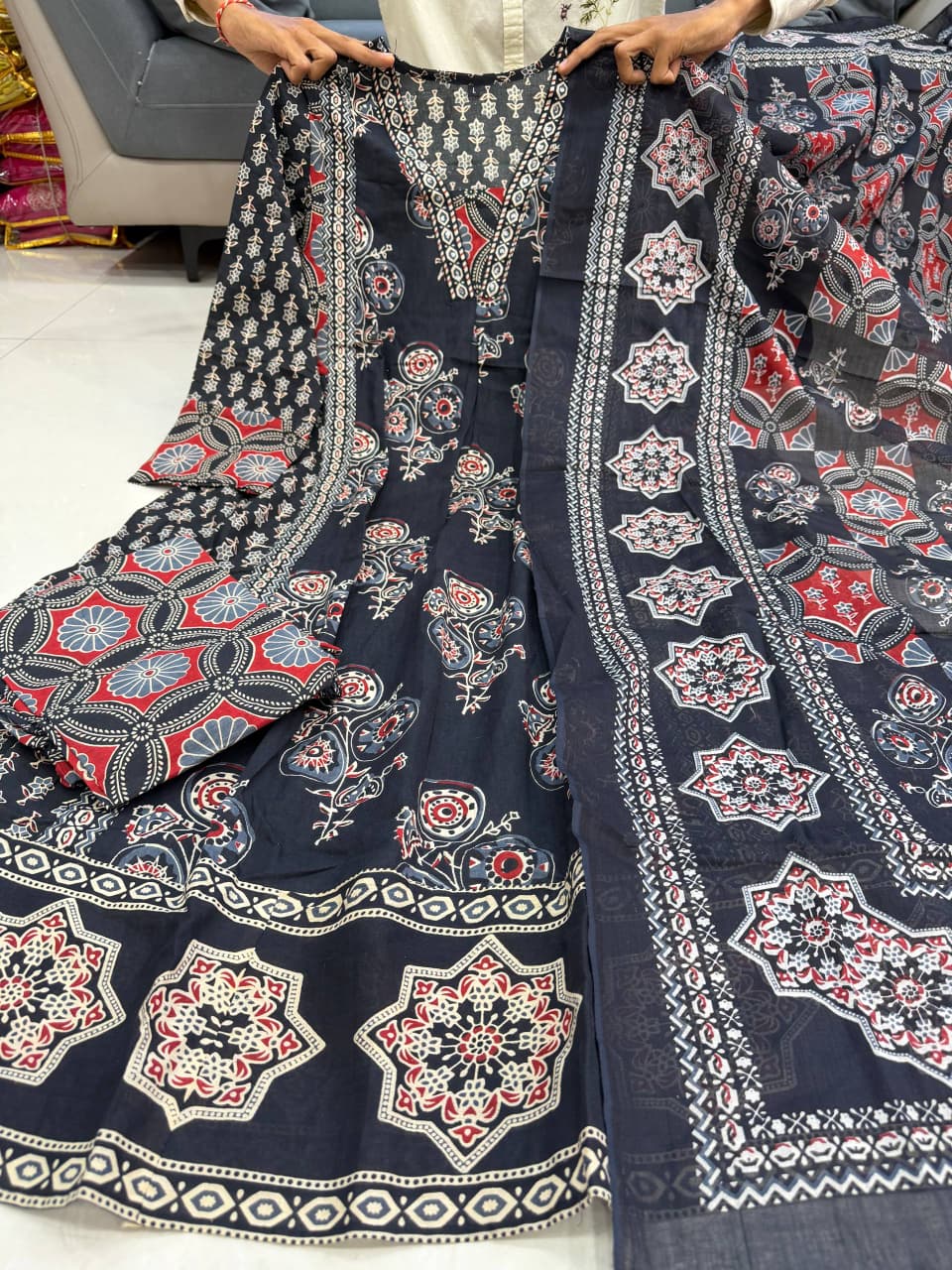 New Arrival Ajarakh Print Anarkali Suit Set