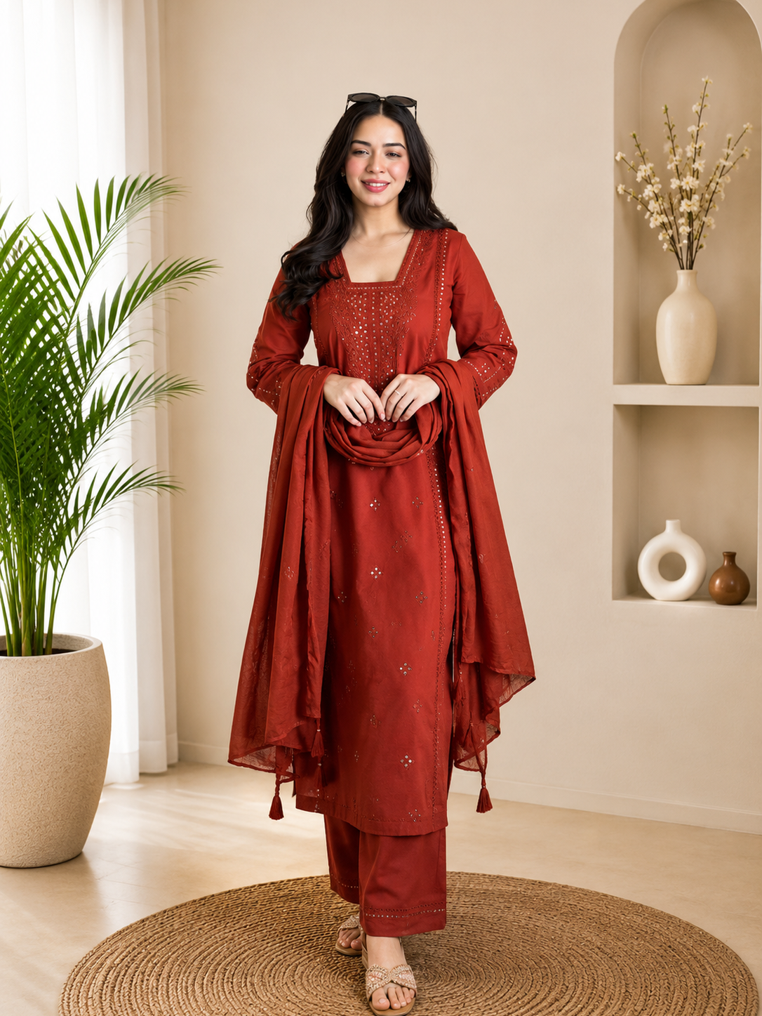 Very Beautiful Orange Roman Silk Embroidered Suit Set