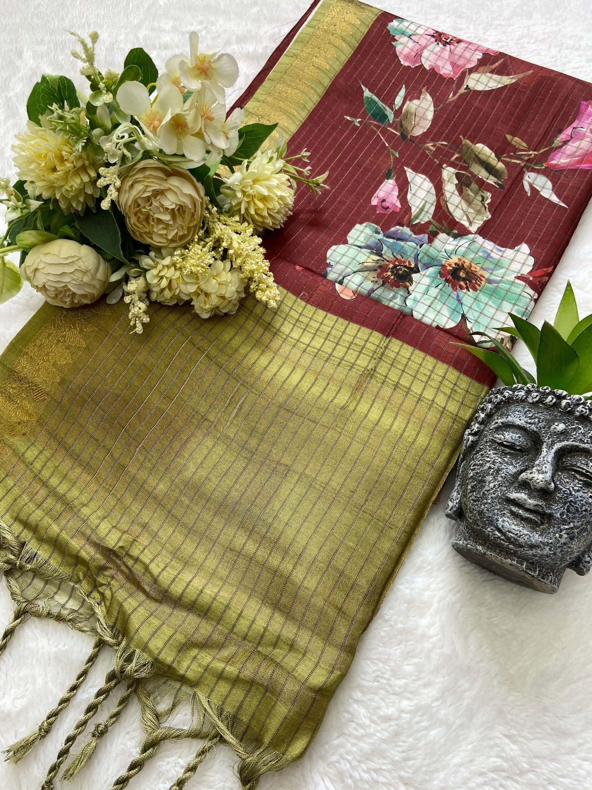 Charvi Maroon-Olive Floral Print Soft Tussar Silk Saree