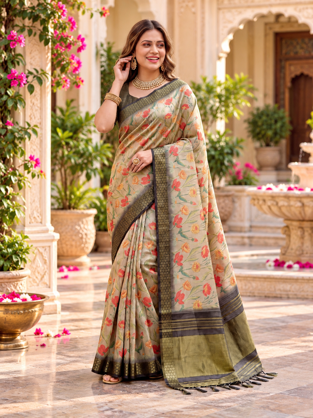 Beautiful Beige Floral Printed Soft Tissue Silk Saree With Elegant Traditional Pallu