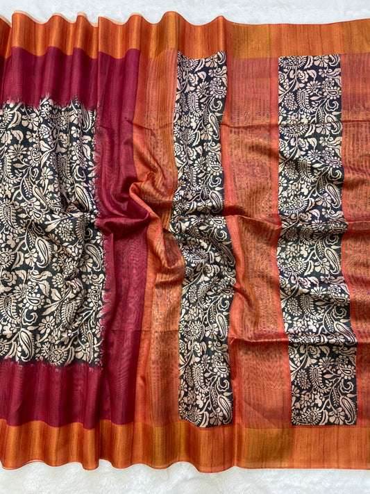 Ragini Wine Soft Tussar Silk Saree with Kalamkari Block Prints