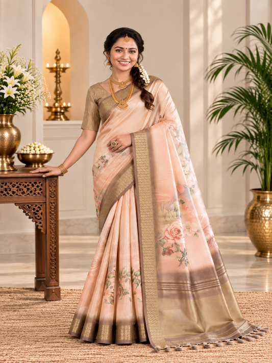 Festive Cream Beige Soft Tissue Silk Saree with Floral Digital Prints
