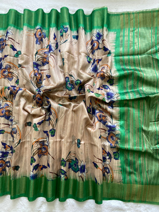 Elegant Floral Print Soft Tussar Silk Saree with Green Zari Border