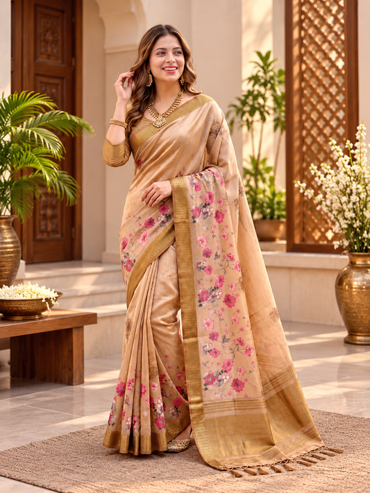 Aurelle Beige Floral Print Soft Tissue Silk Saree with Dull Gold Zari Border