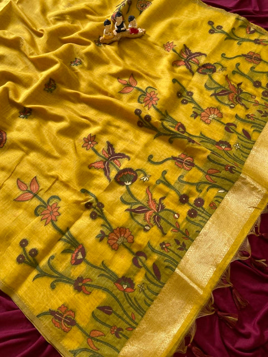 Saanvika - Mustard Yellow Resham Woven Soft Muga Cotton Saree