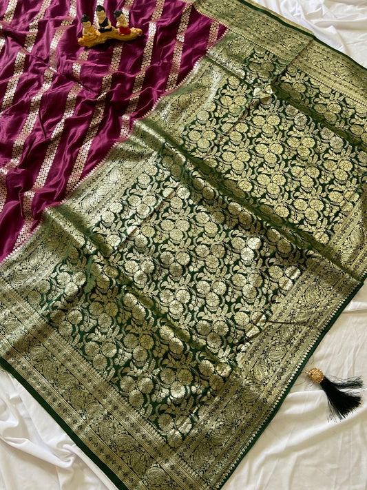 Mahira - Wine & Bottle Green Pure Banarasi Silk Saree with Rich Gold Zari Weaving