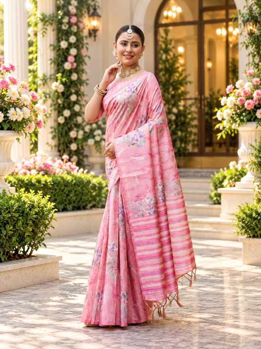 Marvelous Candy Pink Soft Tussar Silk Saree with Elegant Floral Print Work
