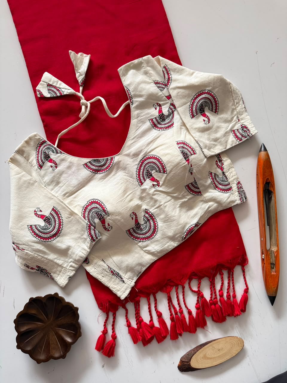 Artisanal Red Handloom Saree with Stiched Blouse
