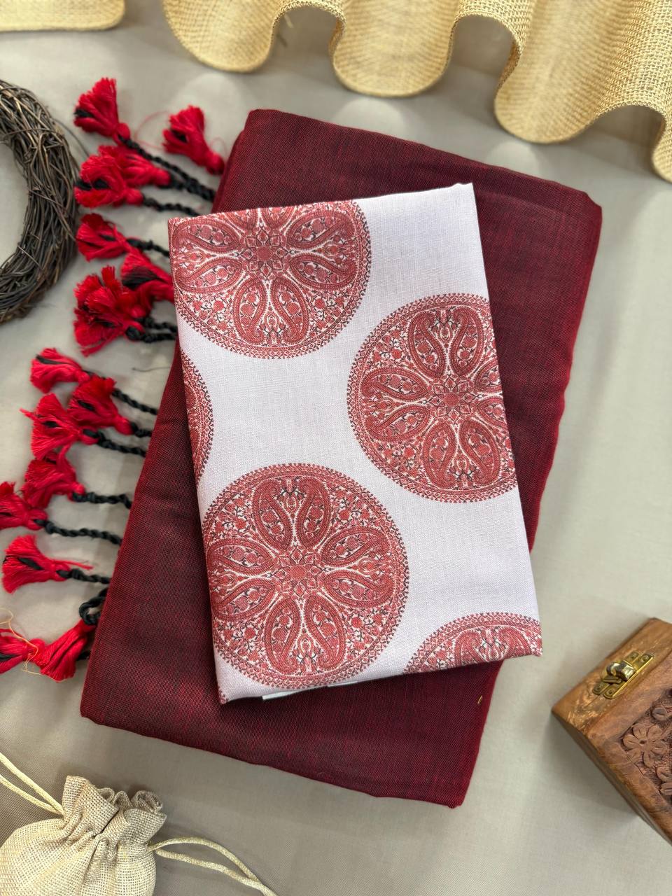 Maroon Handloom Cotton Saree With Red Tassels & Round Printed Blouse