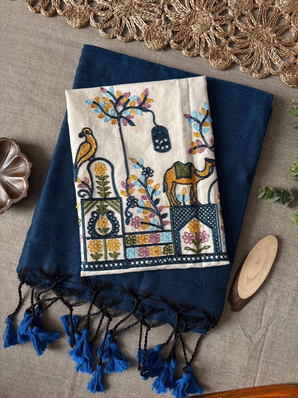 Navy Blue Handloom Cotton Saree With Havy Embroidery Blouse