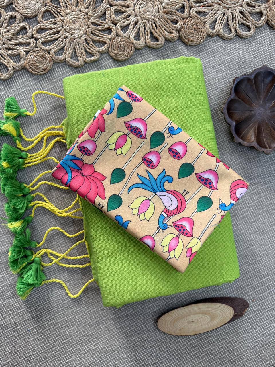 Dharma Exclusive - Parrot Handloom Cotton Saree With Printed Blouse