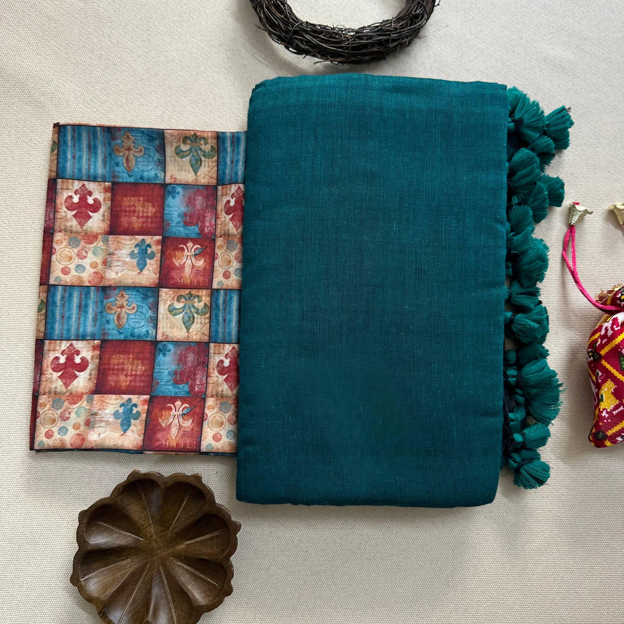 Magic - Rama Handloom Cotton Saree With Printed Blouse