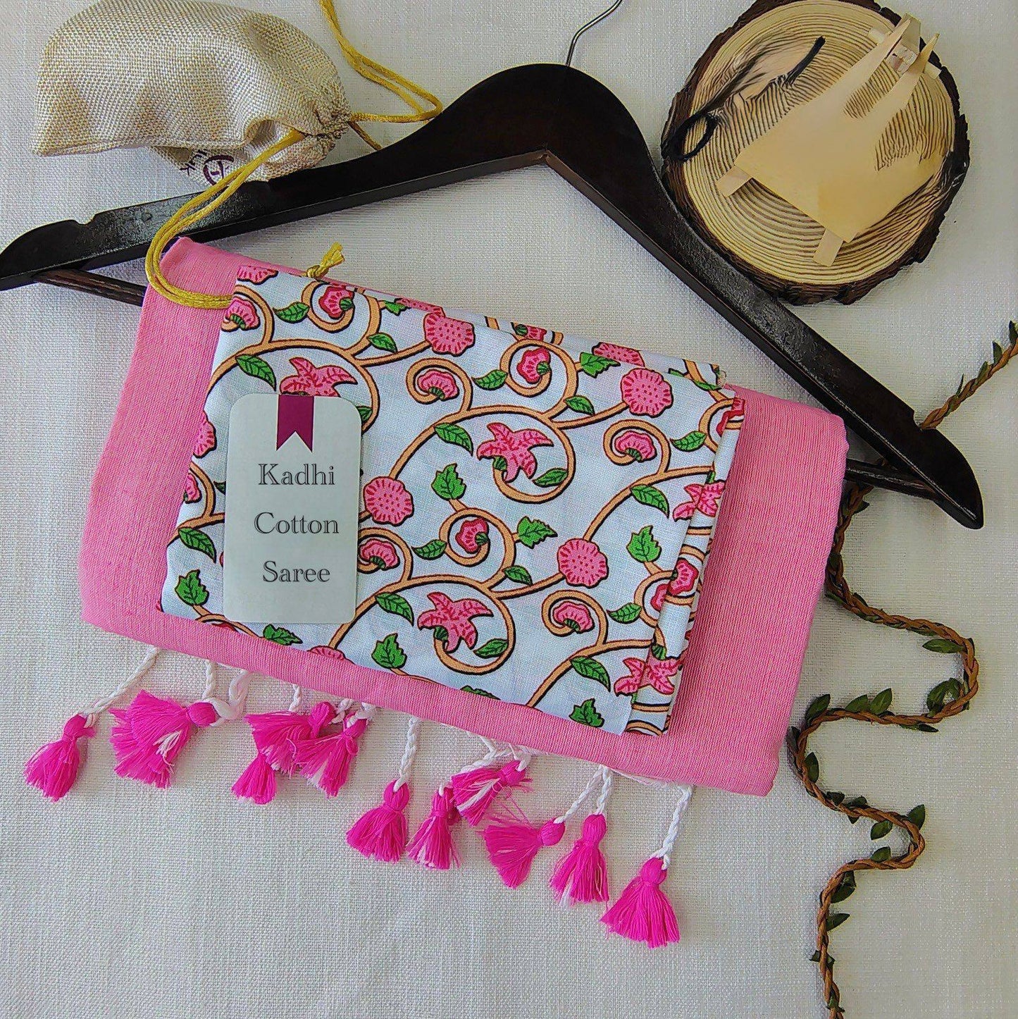 Dharma Exclusive - Baby Pink Handloom Cotton Saree With Traditional Printed Blouse