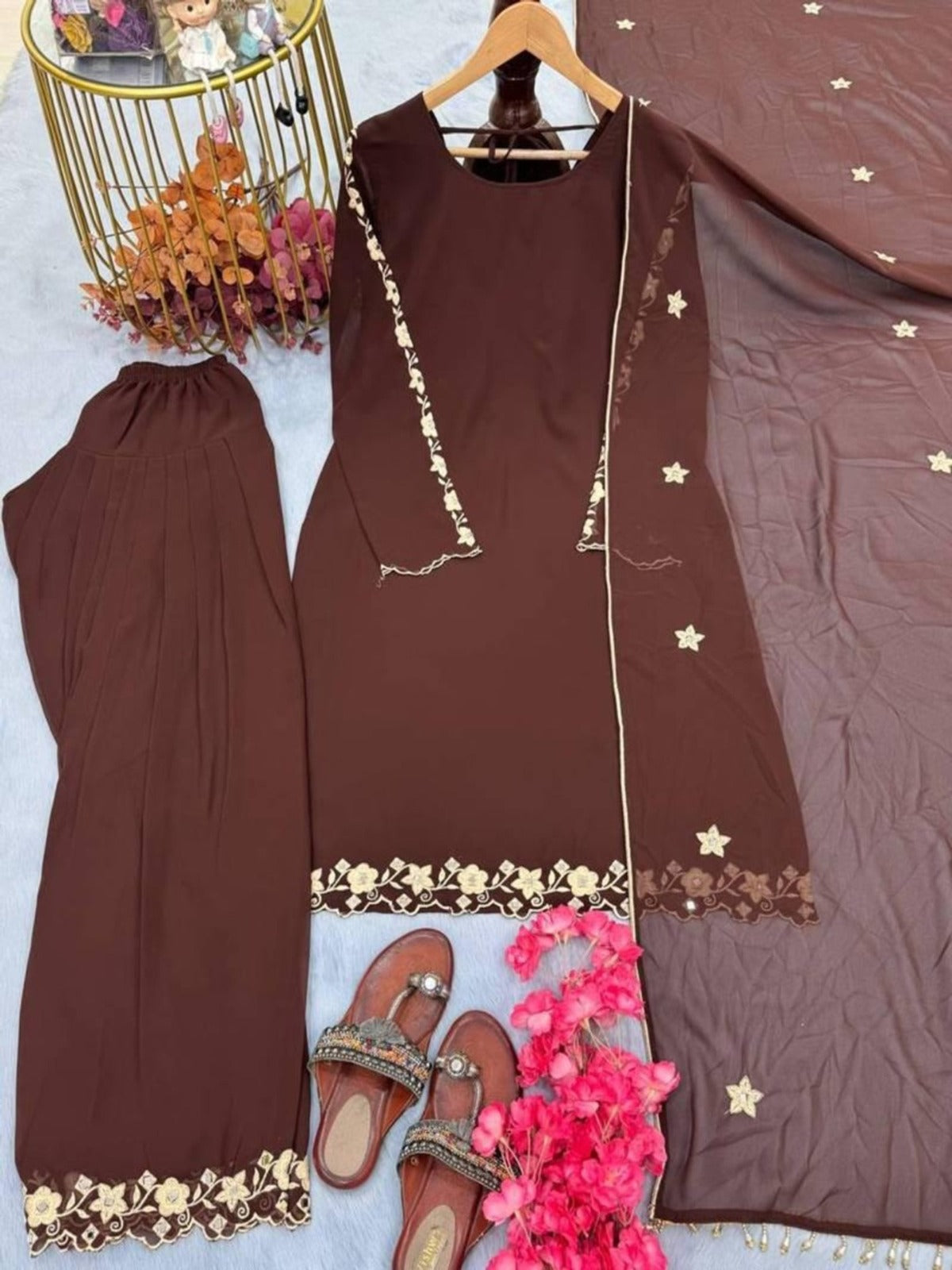 Stylish Brown Faux Georgette Embroidered Suit Set with Dupatta