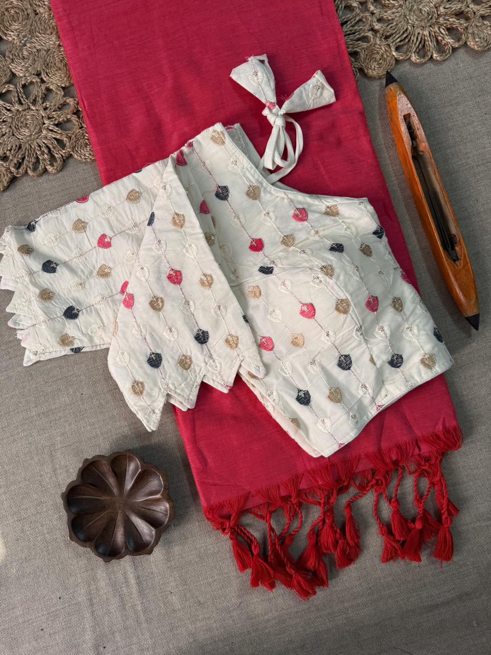 Dharma Exclusive - Pink Handloom Cotton Saree With Havy Embroidery Stitched Blouse