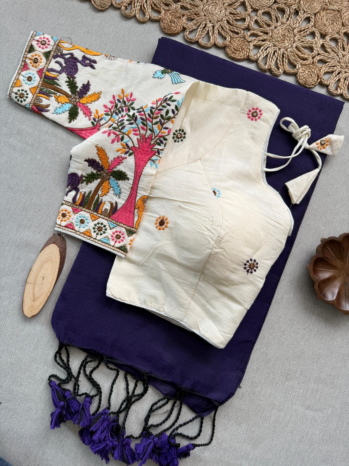 Dharma Exclusive - Navy Blue Handloom Cotton Saree With Havy Embroidery Stitched Blouse