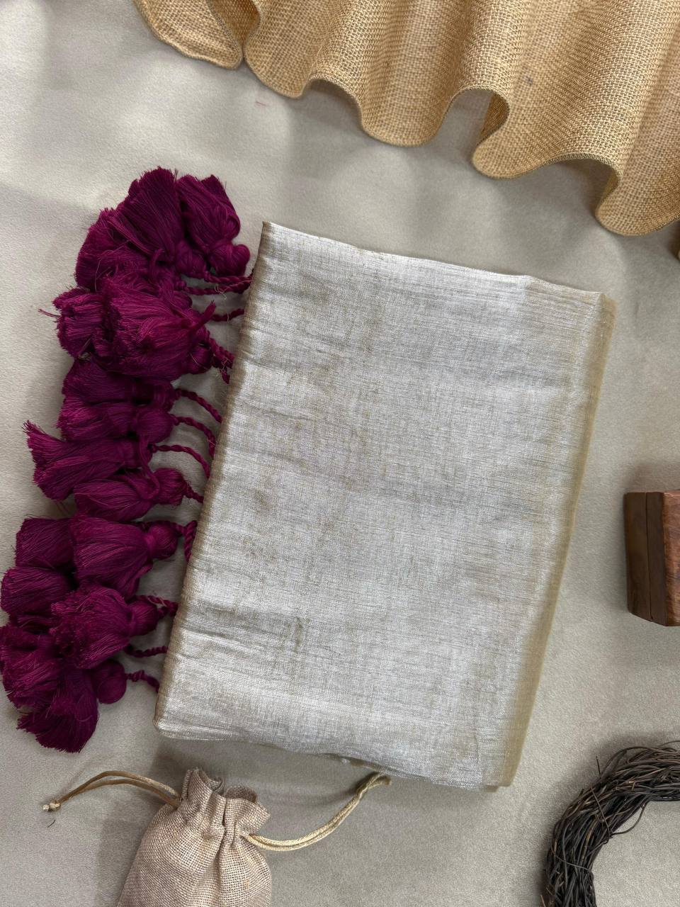 Off White Dual Tone Handloom Raga Tissue Saree With Pink Tassels