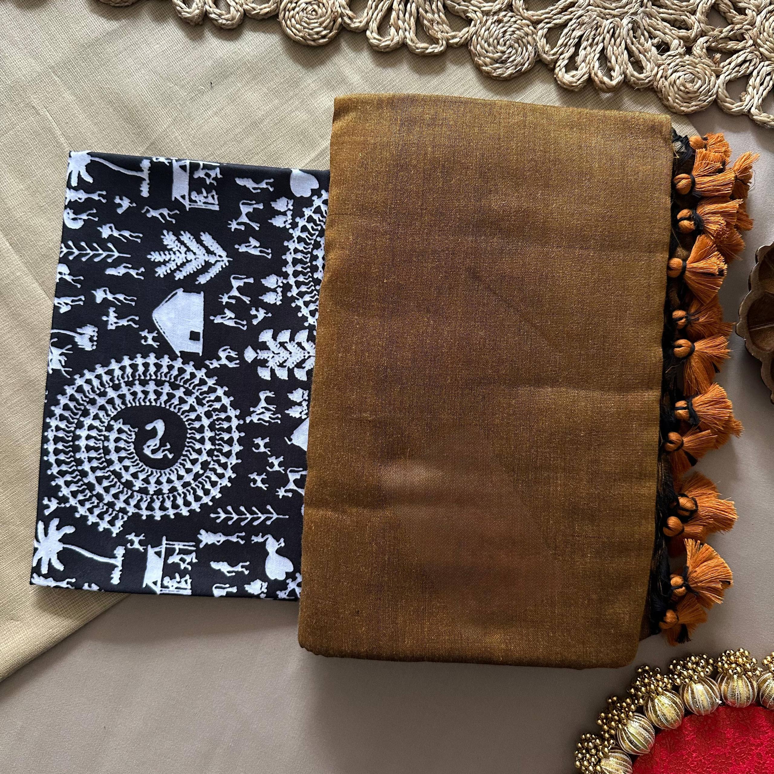 Dharma Exclusive - Coffee Handloom Cotton Saree With Traditional Printed Blouse