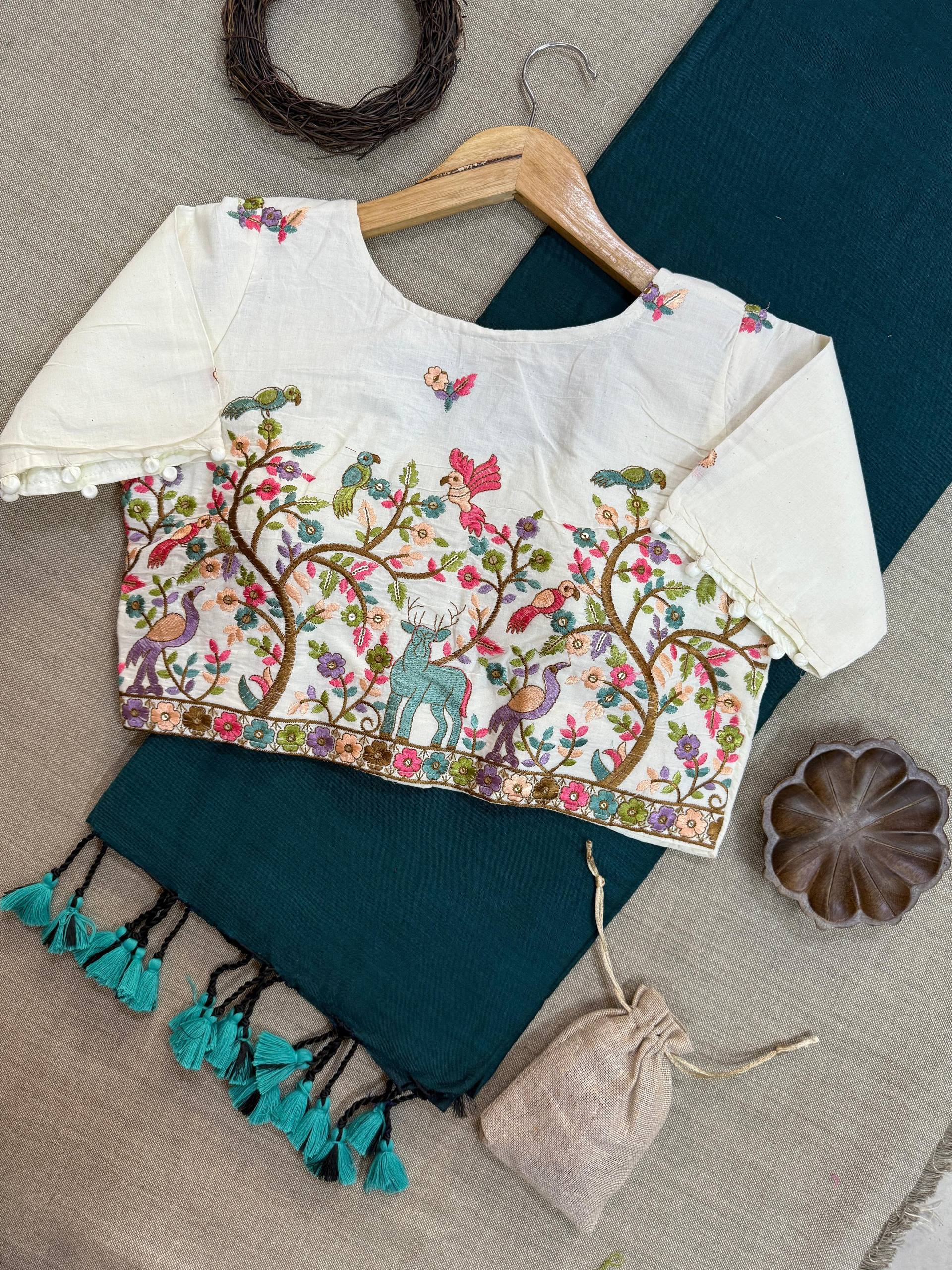 Rama Pure Handloom Cotton Saree With Stitched Embroidery Blouse