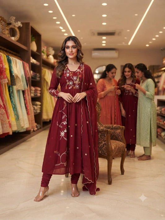 New Designer Festive Embroidery Mul Chanderi Anarkali Suit Set