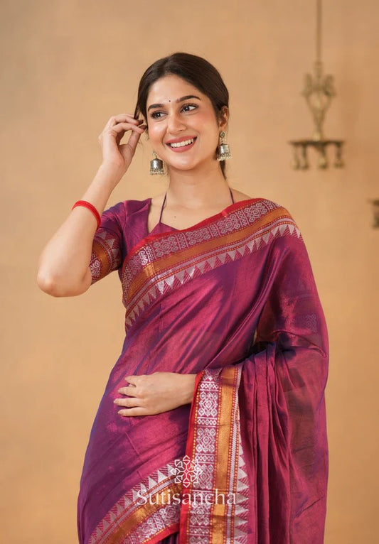 ATTRACTIVE - WINE TEMPLE DESIGNE HANDLOOM TISSUE COTTON SAREE