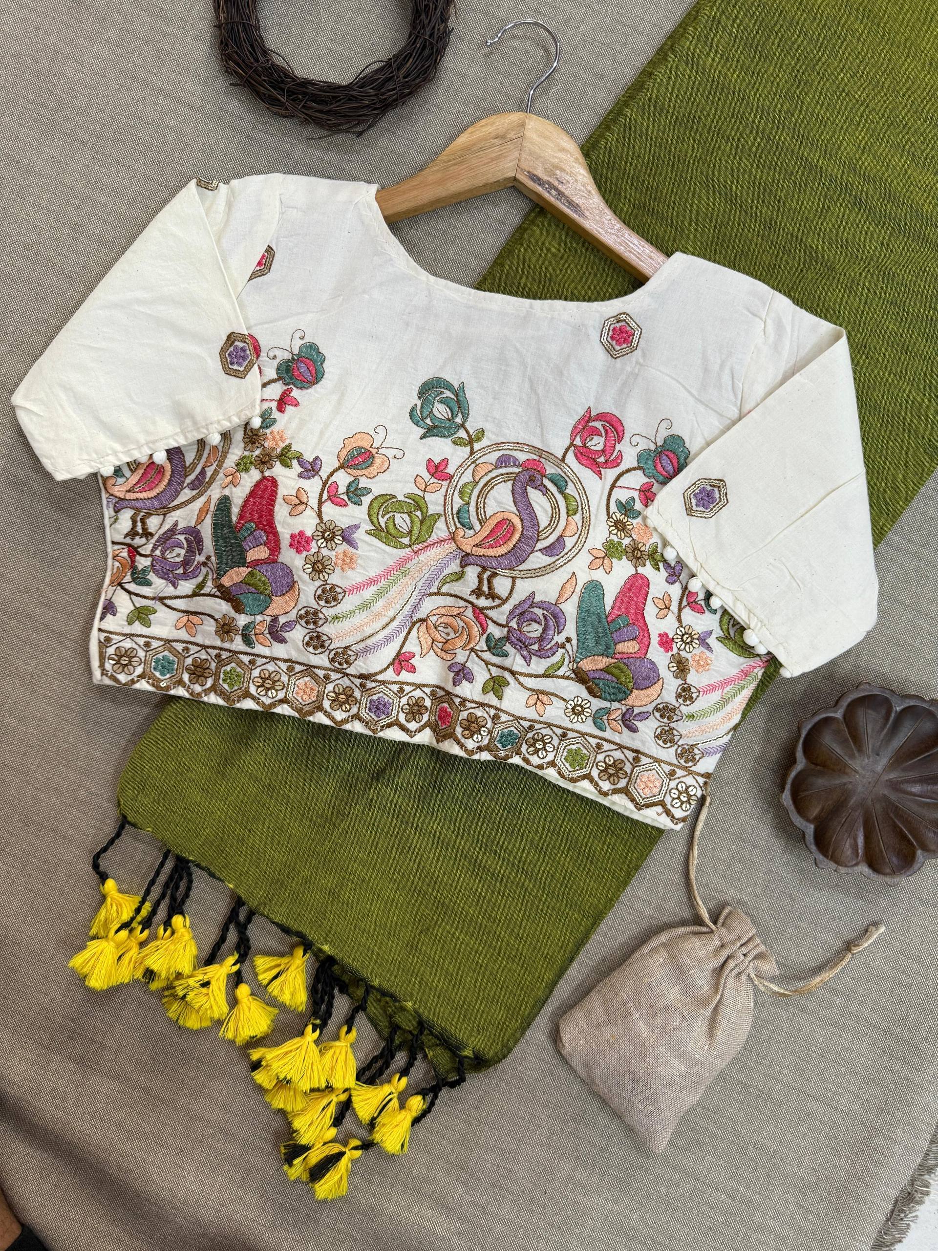 Mahendi Pure Handloom Cotton Saree With Stitched Embroidery Blouse