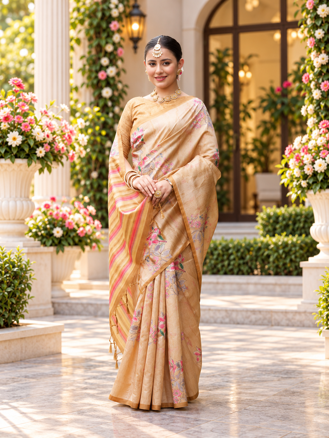 Heritage Gold Soft Tussar Silk Saree with Elegant Floral Print Work
