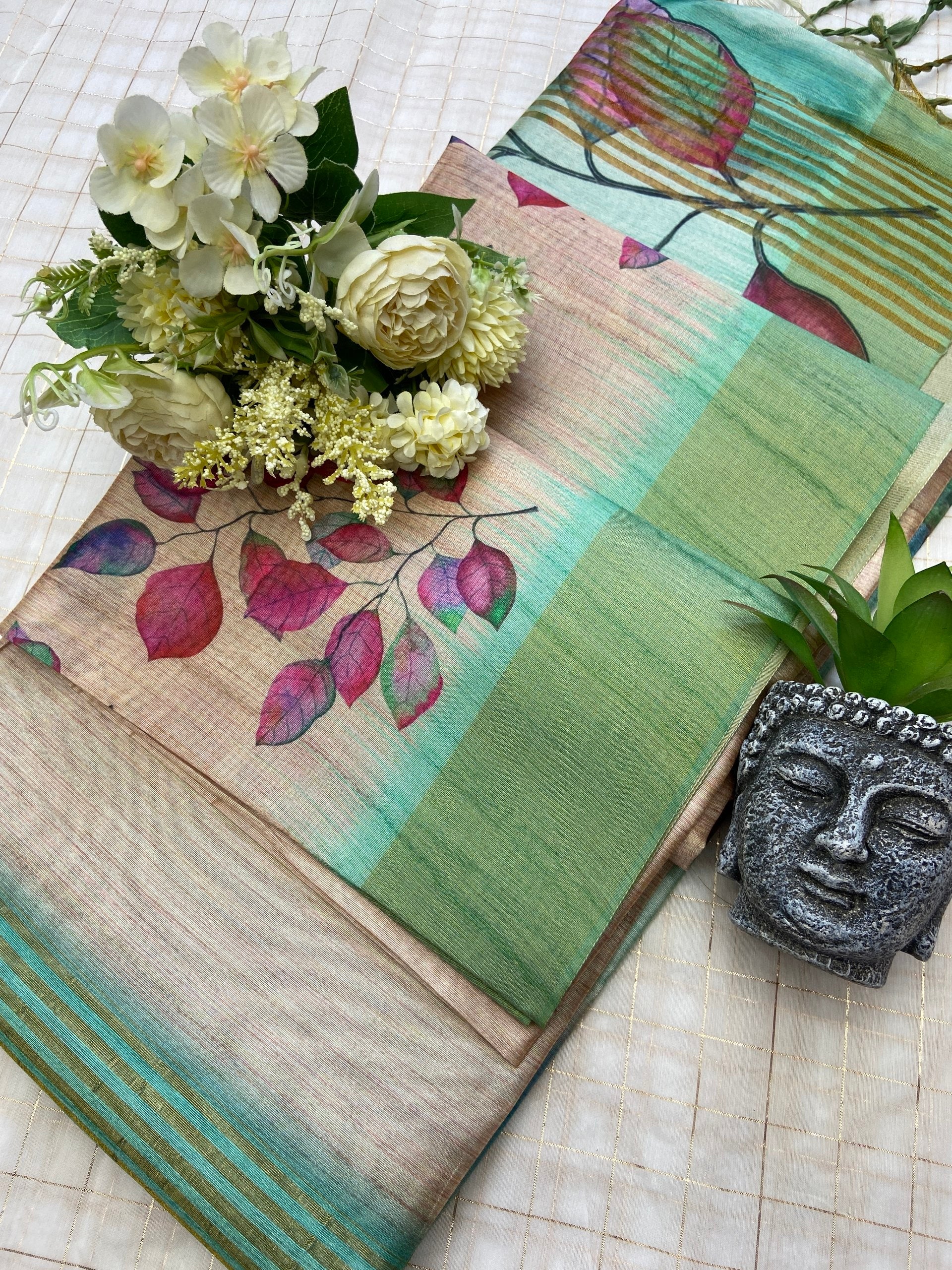 Traditional Sea Green Floral Soft Tussar Silk Saree