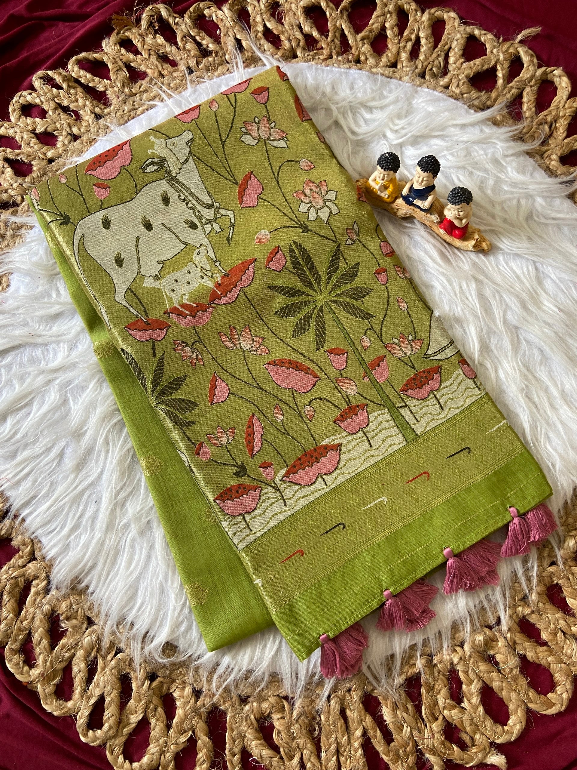 Elegant Olive Green 3D Woven Soft Muga Cotton Paithani Saree