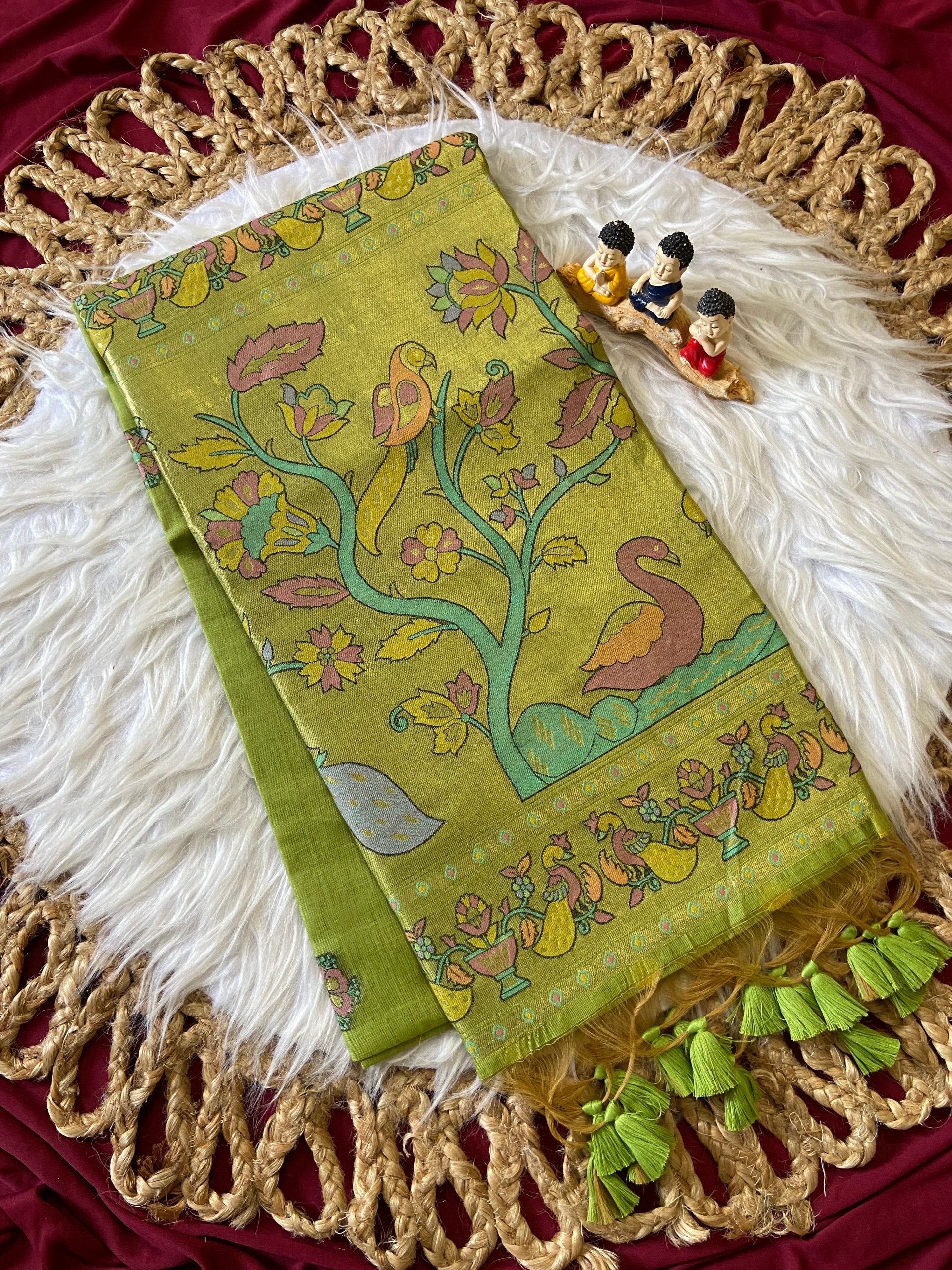Kiara - Mehendi Green Soft Muga Cotton Paithani Saree
