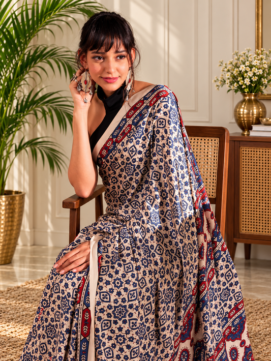 Dazzling Beige and Indigo Modal Silk Ajrakh Saree