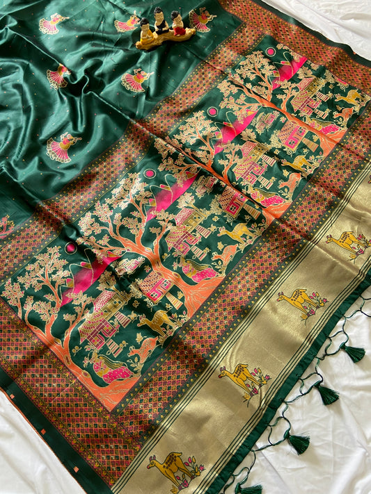 Vrindavan Emerald Green - Premium Woven Zari Soft Pashmina Silk Saree