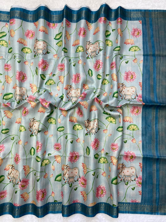 Samaira - Sky Blue Pichwai Print Soft Tussar Silk Saree